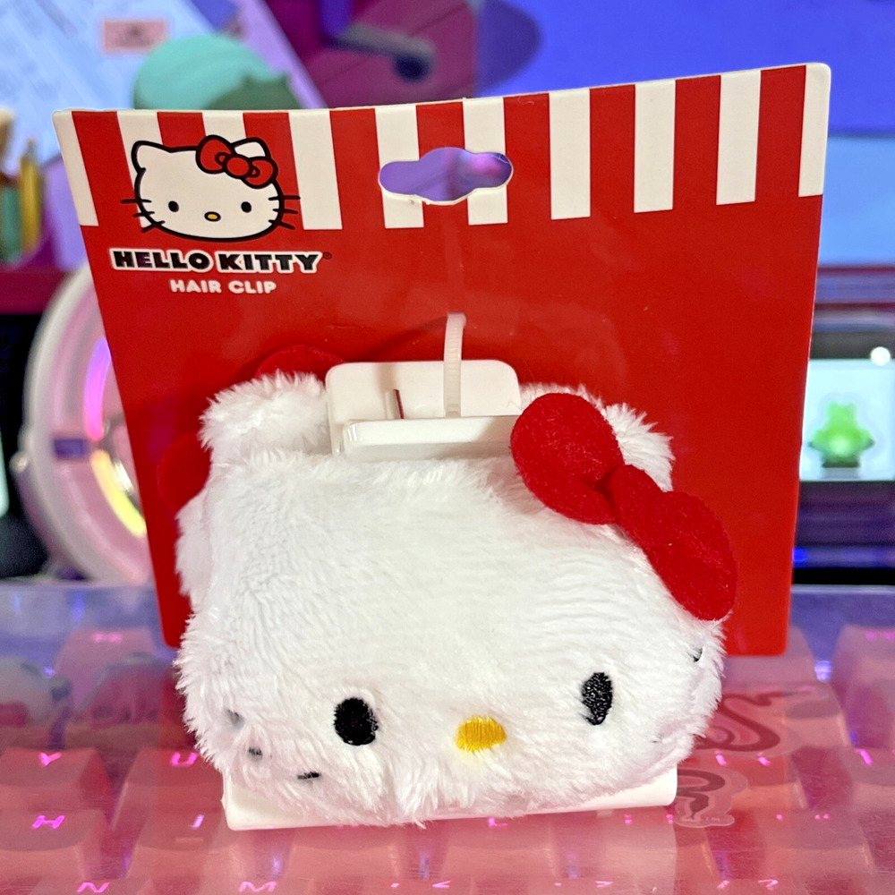 Hello Kitty Hair Claw Clip Soft Fuzzy Furry Plush White 3D  Red Bow 2024 Sanrio